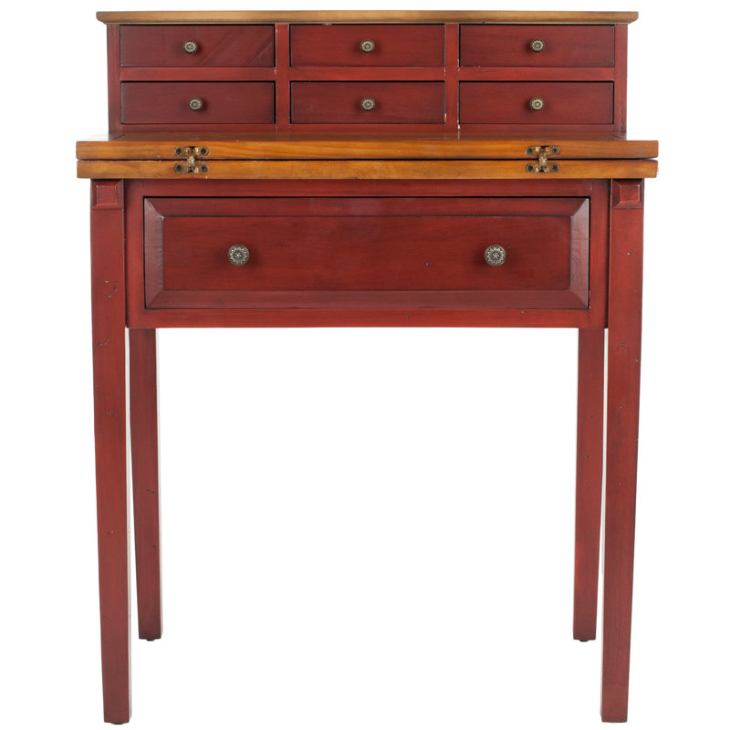 Bureau pliable 7 tiroirs Fazli, Rouge et chêne