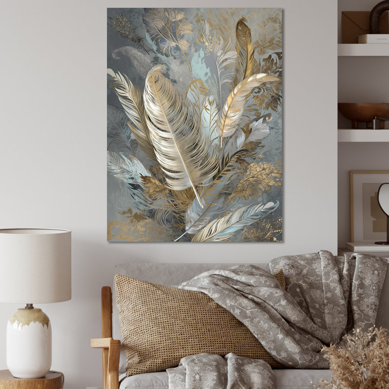 Plume dorée Extravaganza V - art mural plume glam, H 44 po x l 34 po x P 1,5 po, Toile tendue