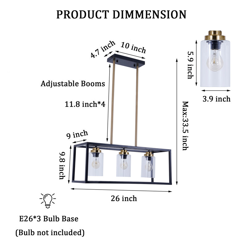 3-Light 26" Dimmable Rectangular Kitchen Island Chandelier