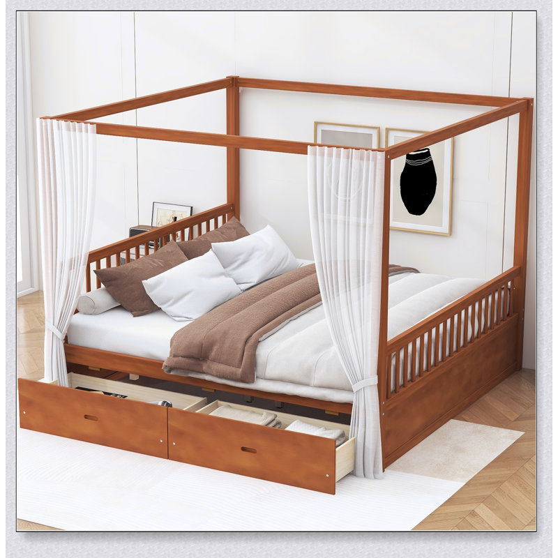 Wooden Canopy Bed With Storage Drawers, Noyer, Grand lit