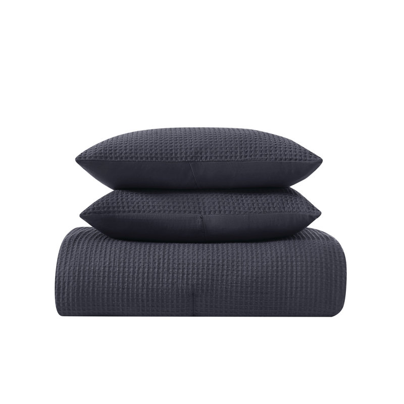 Textured Waffle Weave Comforter Set, Queen Comforter +2 Standard Shams, Charcoal Gray