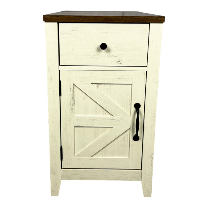 Table de bout de salon avec porte de grange et de charge, blanc cassé, option de style armoire de chevet pratique