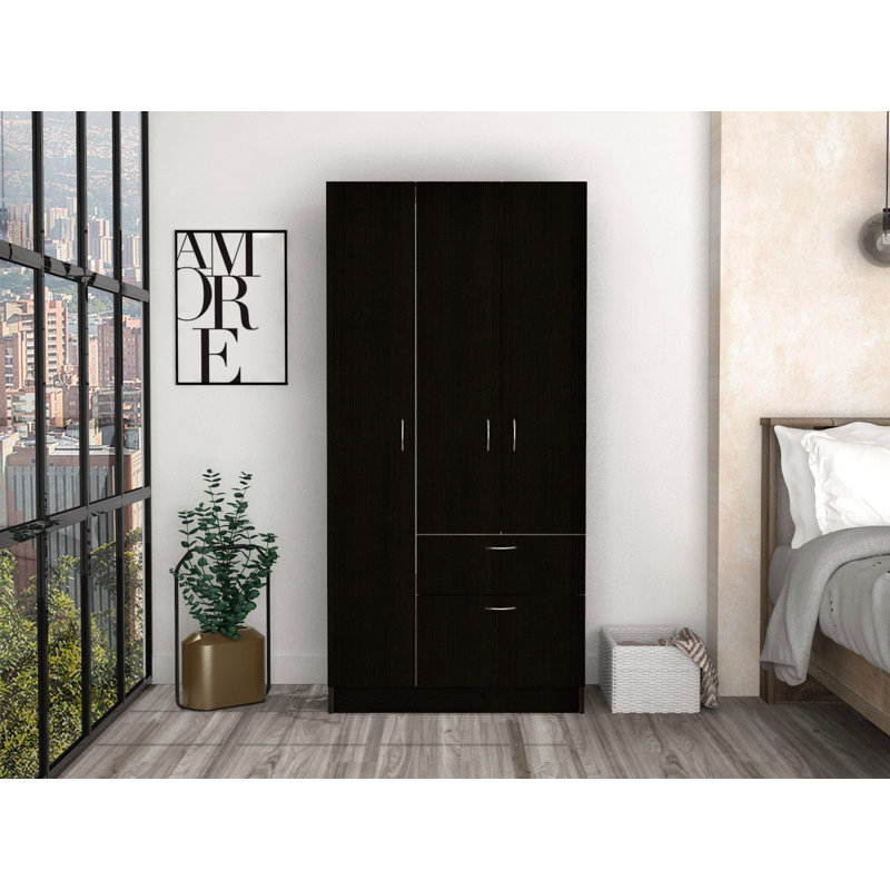 Armoire, armoires à deux portes, un tiroir, tringle en métal, cinq tablettes - noir / blanc