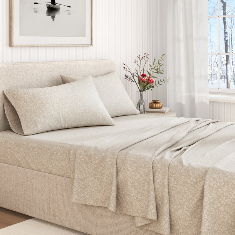 Ensemble de draps 100% flanelle de coton, Ensemble de draps pour grand lit avec 2 taies d'or, Motif floral à pétales givrées