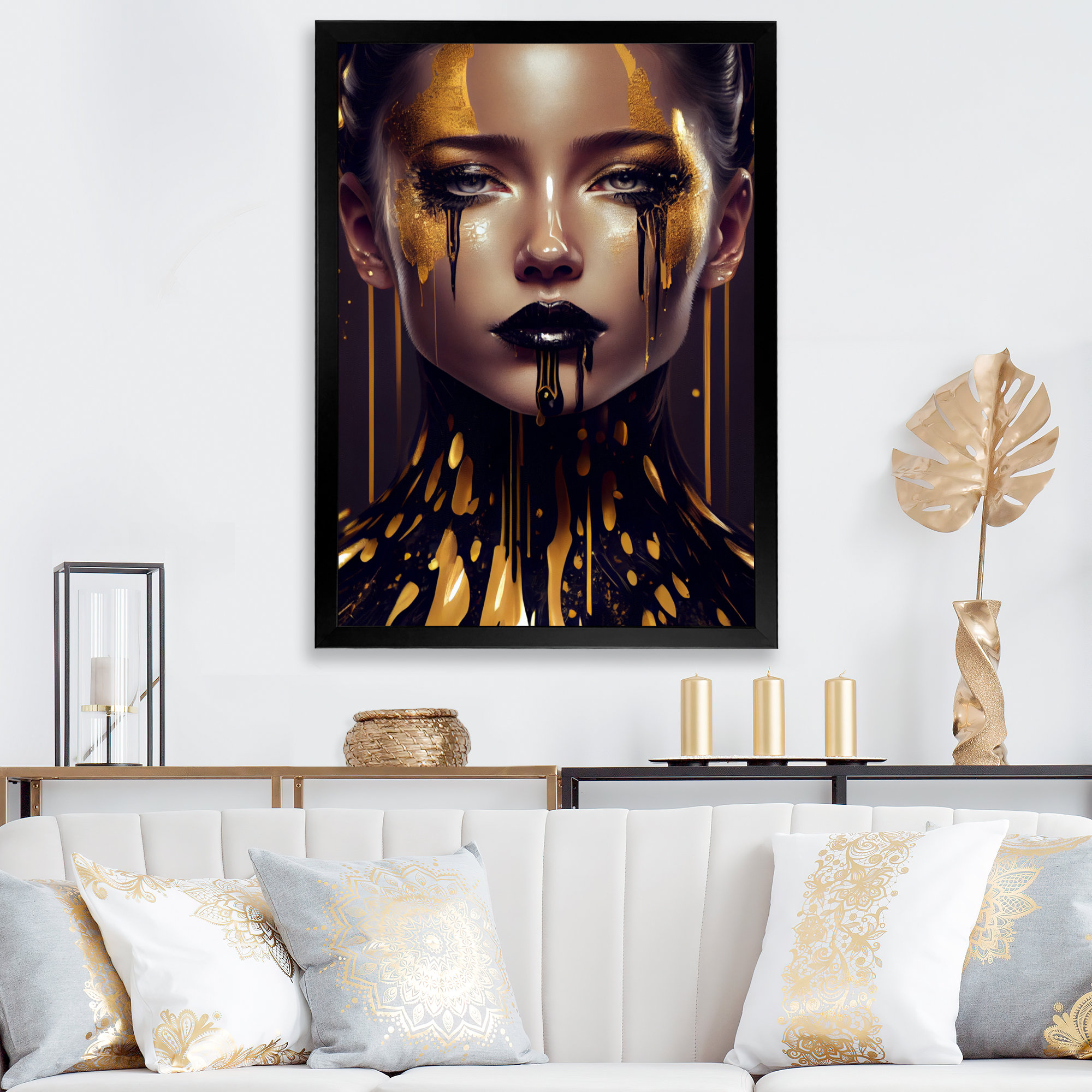 liquid gold body paint, woman, portrait, cinematic l