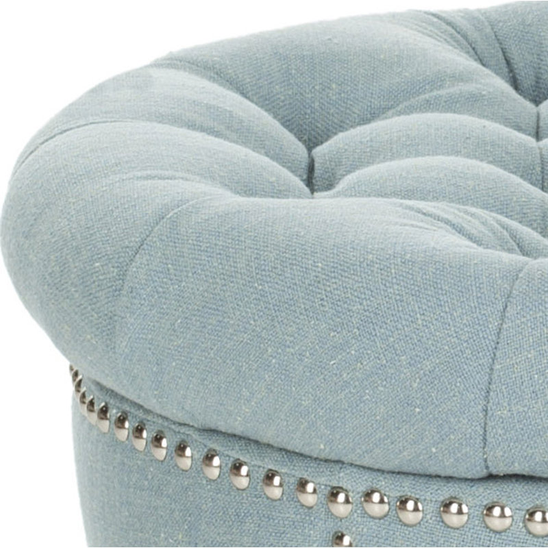 Sky Blue Tufted Round Linen Storage Ottoman