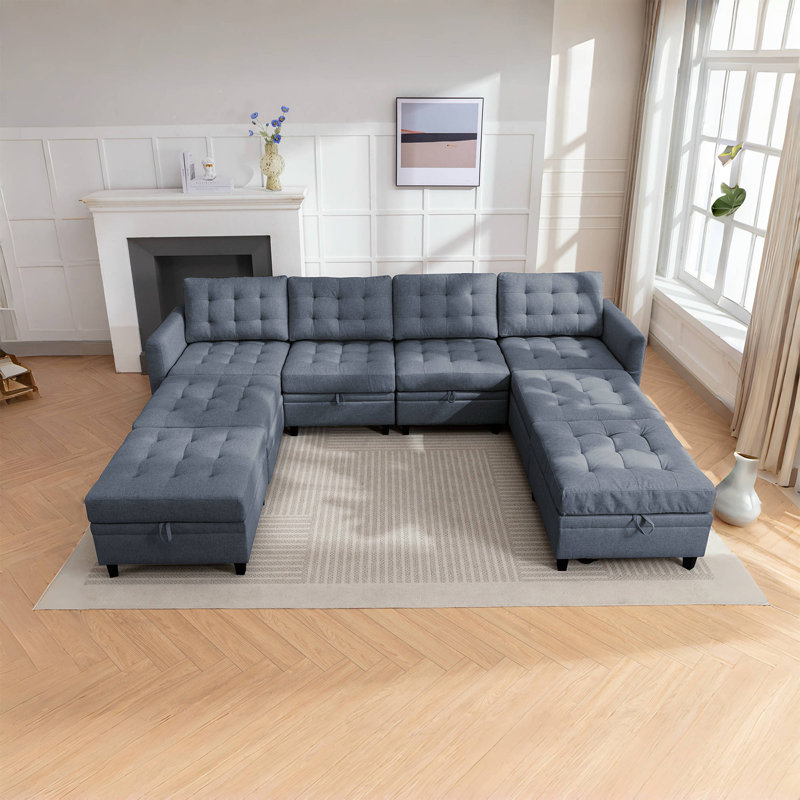 Balus Modular Sofa Bed Set, Button Tufted Reversible Modular Couch With 4 Storage Ottomans, 8 Seater Oversized U Shape Sleeper Sectional Couch Modular Sofa Couch For Living Room