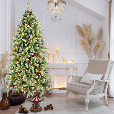Arbre de Noël artificiel pré-éclairé avec 380 lumières DEL blanc chaud, 1264 pointes, givré avec baies rouges et pommes de pin naturelles, arbre de Noël complet avec support en métal robuste pour la décoration intérieure
