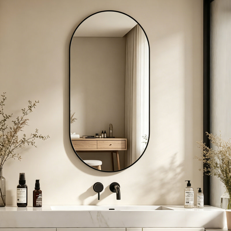Miroir mural ovale en métal, miroir de meuble-lavabo vertical / horizontal, noir, 48" H x 24" W