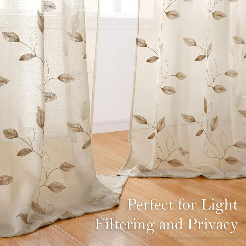 Curtains 2 Panels Embroidered Leaf Pattern Pocket Faux Linen Floral Semi Sheer Voile Window Curtains Drapes For Bedroom Living Room