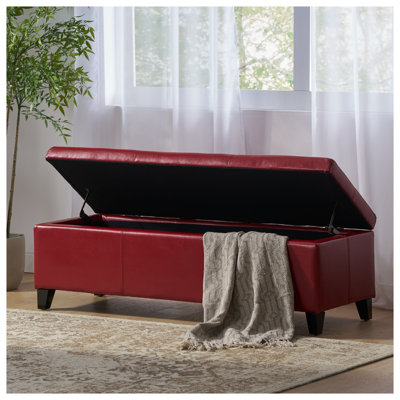 Upholstered PU Leather Storage Ottoman Bench with Solid Wood Legs, Red