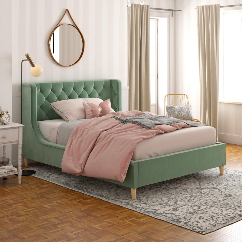 Velvet Upholstered Platform Bed, Green, Full