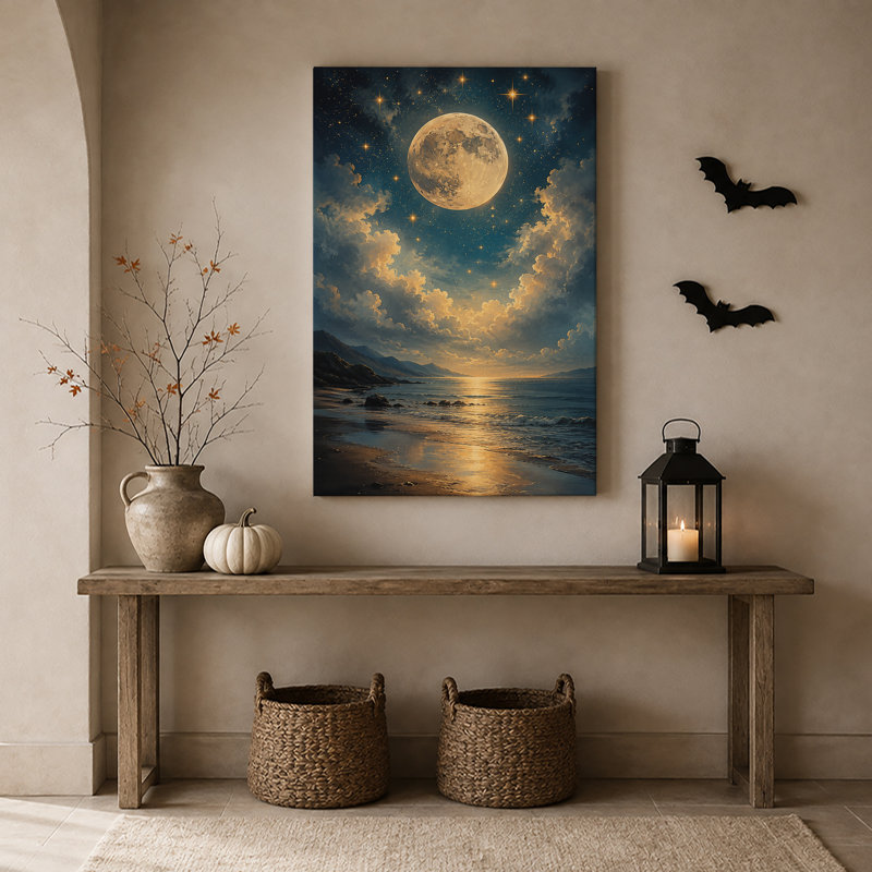 Art mural sur toile Glow Full Moon Over Golden Clouds and Ocean, H 18 po x l 12 po
