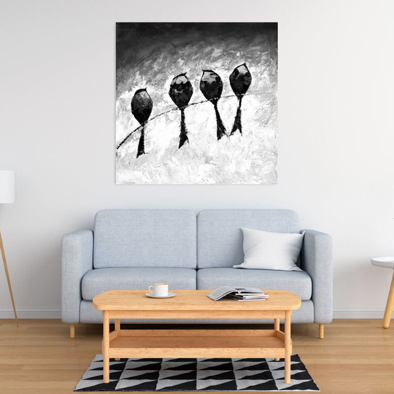 Quatre oiseaux perchés, reproduction sur toile, Toile tendue, H 32 po x l 32 po