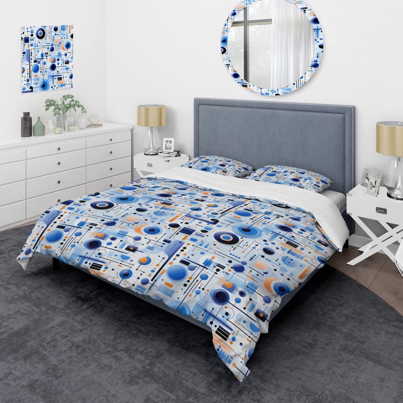 Blue And White Matrix Grid II - Ensemble de housse de couette géométrique, Housse de couette simple + 1 taie décorative stan