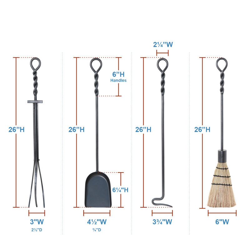 Ensemble d'outils de foyer en fer forgé Shaurya 4 pièces, Thermolaqué graphite