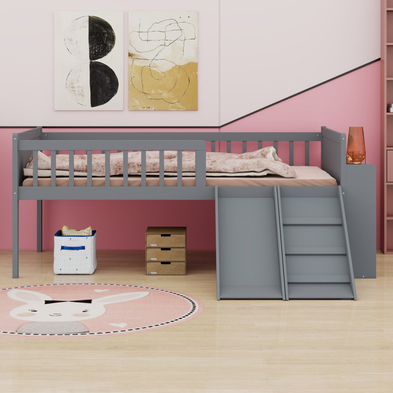 Structure de lit plateforme avec tablette de rangement, glissoire, échelle et barrière de sécurité, Gris