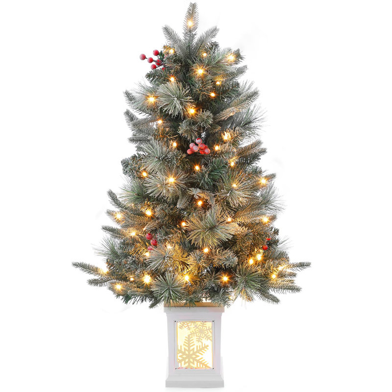 Christmas Tree - 3Ft Imitation Fibre Optic Light Flocking Tree 78 Warm White LED Lights, 8 Modes, Snowflake Light Box Base