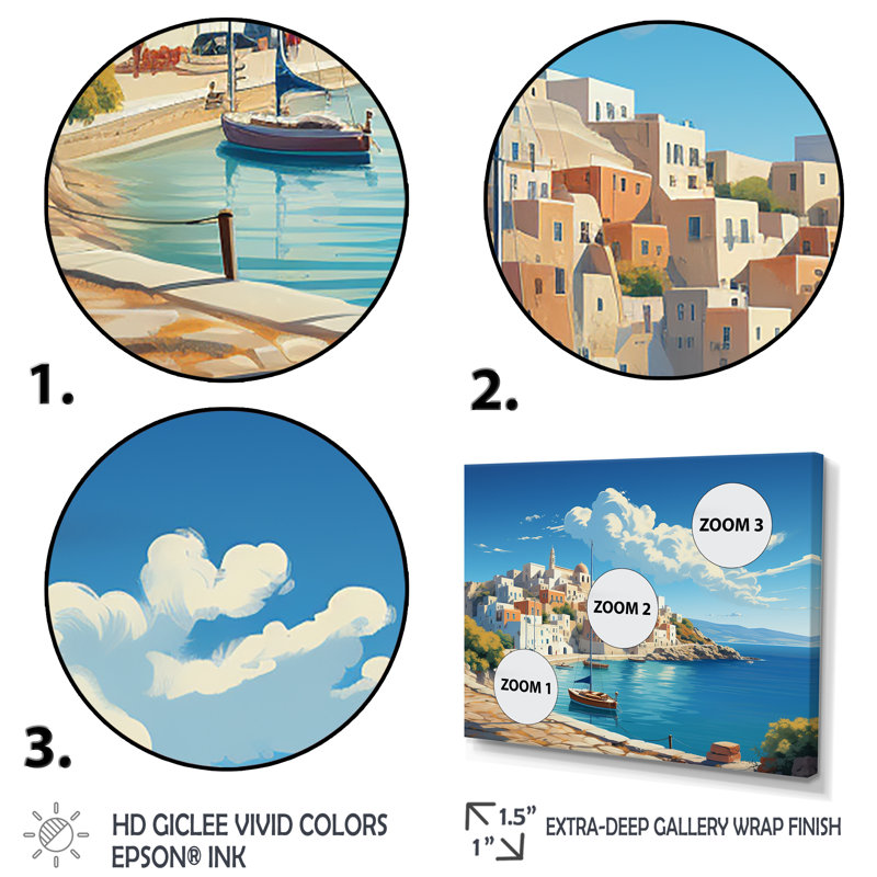 «Syros Serenityscape II - Port Landscape Coastal», art mural, Cadre flottant doré, H 16 po x l 32 po x P 1 po
