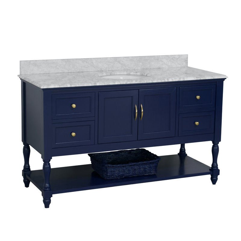 Ensemble de meuble-lavabo simple de 60 po Hampton, Bleu royal, Blanc de Carrare