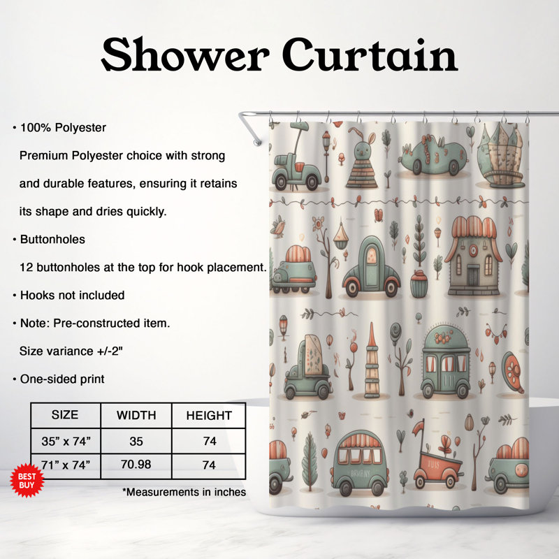 Petits véhicules - Rideau de douche Premium, H 74 po x l 71 po
