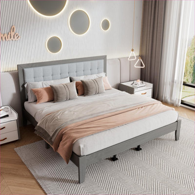 For Bedroom Use King Size Platform Bed Solid Wood Slate Gray Upholstered Headboard With Silent Supportive Slat System