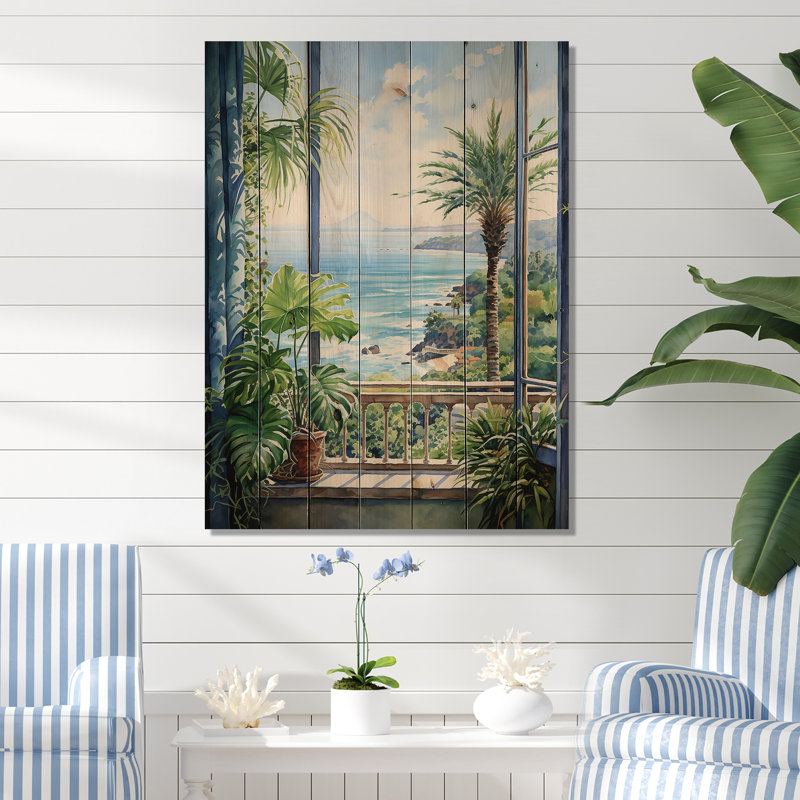 Fenêtres tropicales à la plage II - fenêtres côtières sur bois, H 32 po x l 24 po