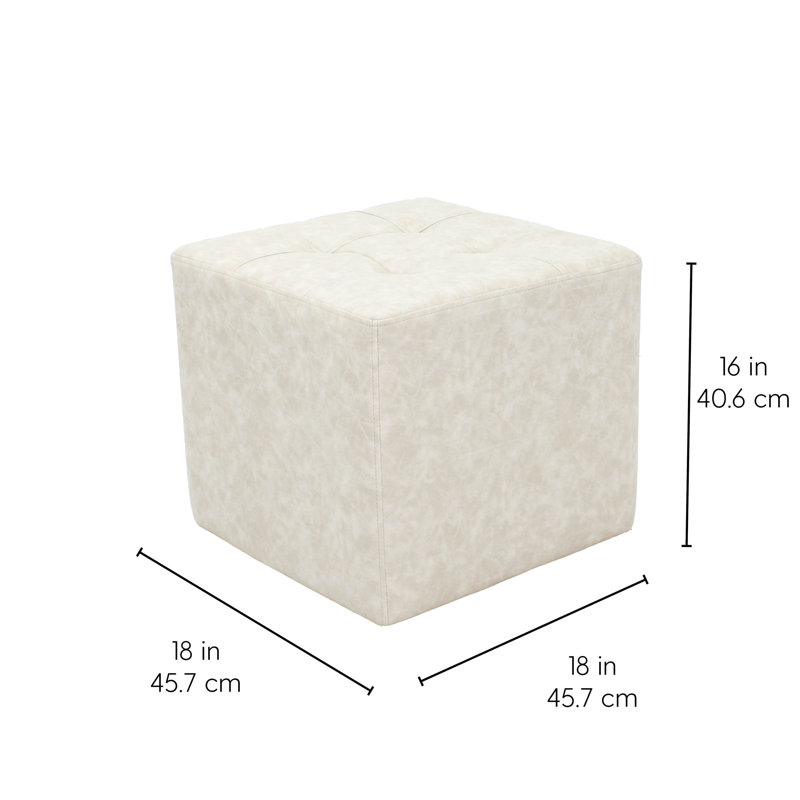 Distressed Tufted Square Ottoman, Ivory Polyurethane