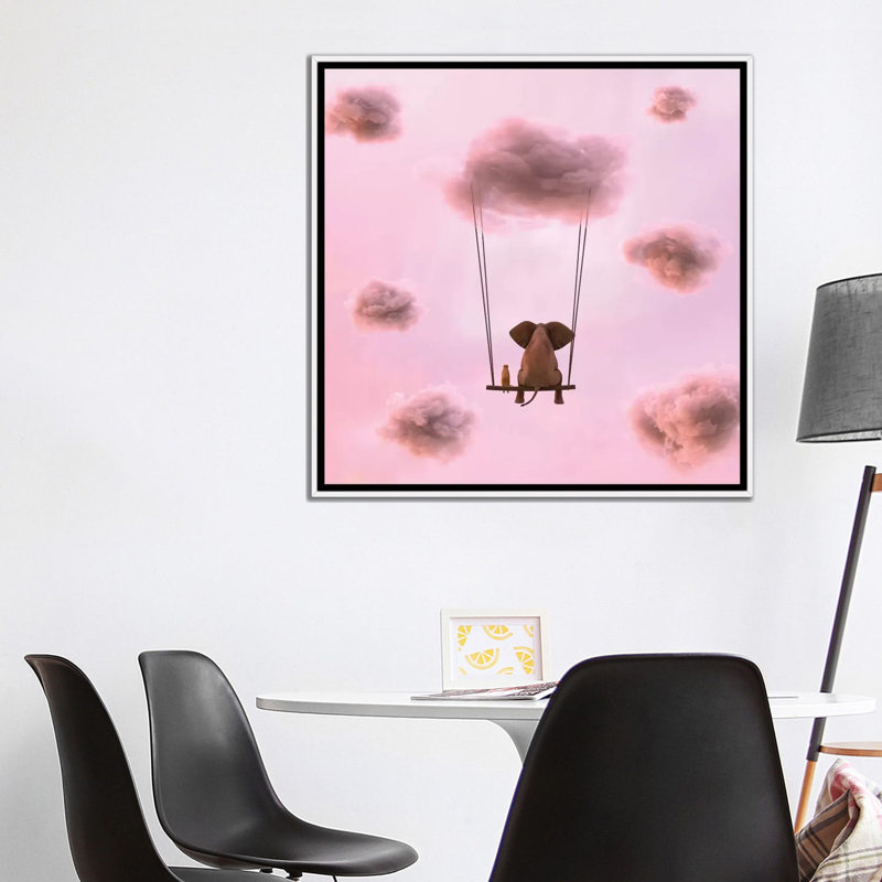 «Elephant and Dog Are Flying on a Cloud» par Mike Kyivi, reproduction d'impression, Toile blanche encadrée, Pas de tapis