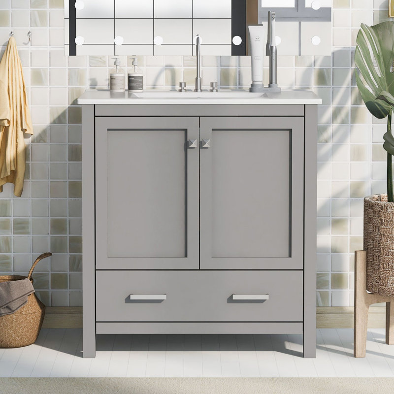 Meuble-lavabo simple 30 po avec comptoir en céramique Soizic, Gris
