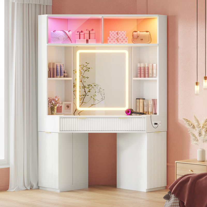 Corner Vanity Desk With Led Lights Mirror, Fluted Wood Luxury Makeup Vanity Desk With Bag Showcase, Big Dressing Table With Glass Top, Cabinets, Shelves, Drawers, Charging Station,White