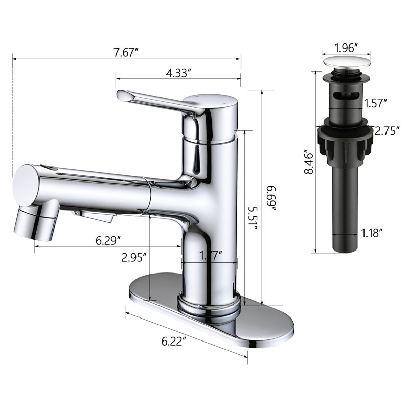 Robinet de lavabo de salle de bain escamotable, poignée simple moderne, 3 réglages de jet, bonde escamotable et plaque de pont, poignée de cuve en acier inoxydable, fabrication de bouchon fonctionnel