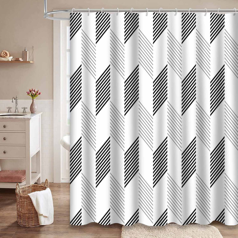 Rideau de douche géométrique à motif abstrait zigzag noir et blanc avec 12 crochets, L 72 po x l 78 po