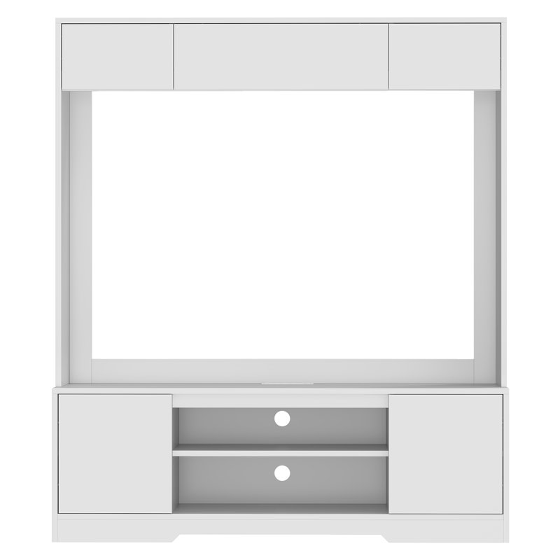  63"W Wall Unit Entertainment Center With Power Outlets & Adjustable Storage Cabinet, White