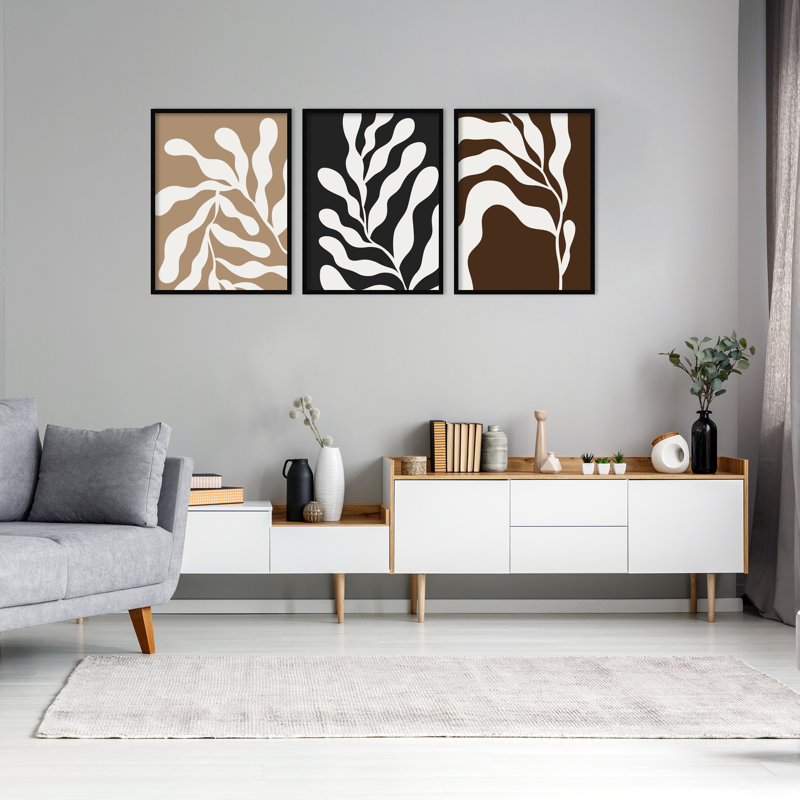 Retro Matisse Inspired Abstract Botanical - 3 Pieces by Erminia, 80" W x 33" H, Black