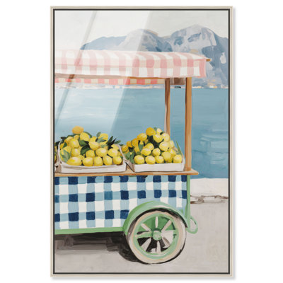 «Lemon Cart II», reproduction encadrée acrylique sur toile rose par Art Remedy, cadre argenté, 16 x 24