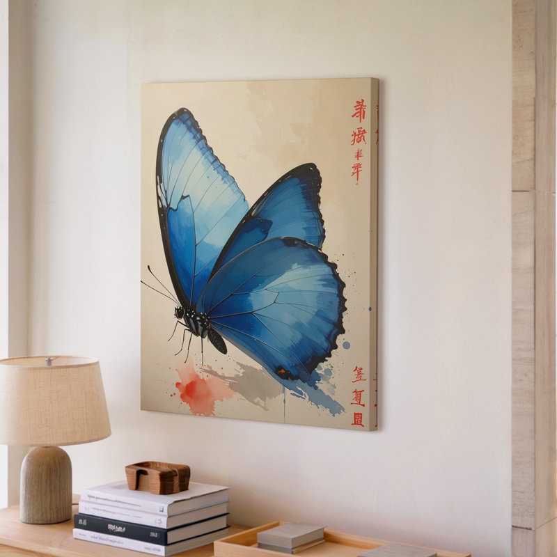 Toile murale avec un grand papillon peint à l'encre de Chine traditionnelle, principalement bleu foncé, de qualité supérieure, prêt à être accroché