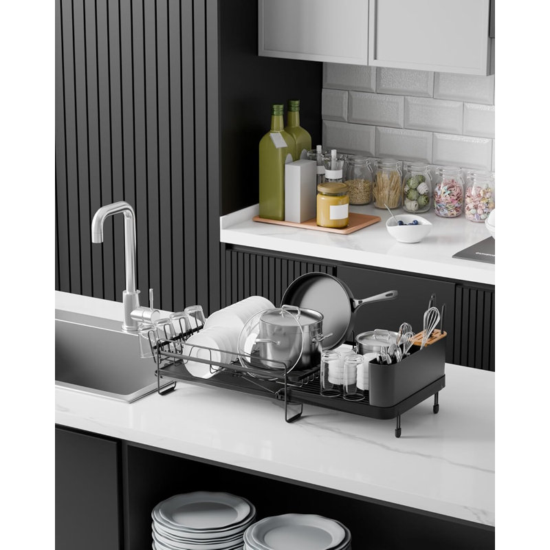 Séchoir à vaisselle extensible pour comptoir de cuisine avec égouttoir, couverts et porte-gobelets, égouttoir à vaisselle réglable antirouille pour économiser de l'espace et organiser
