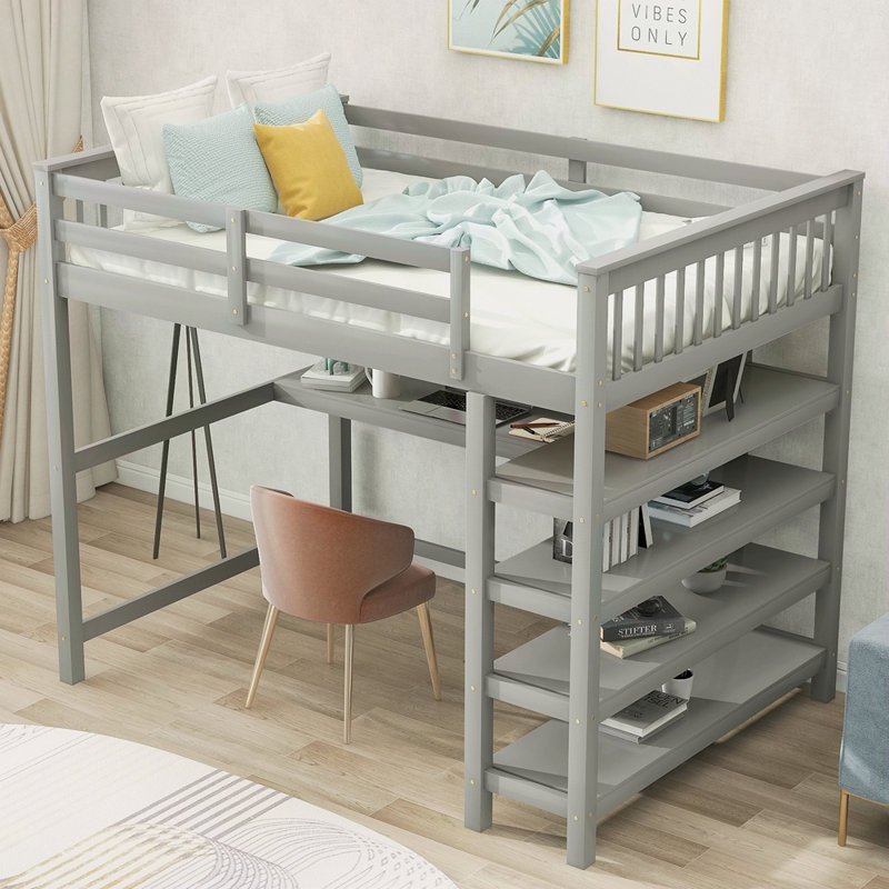 Lit mezzanine double avec tablettes de rangement et bureau sous le lit, Gris