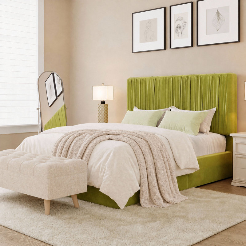 Lit plateforme entièrement rembourré en velours avec tête de lit réglable, aucun sommier nécessaire, Double, Vert olive