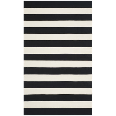 Tapis rayé noir / ivoire en coton tissé à la main Brookvale