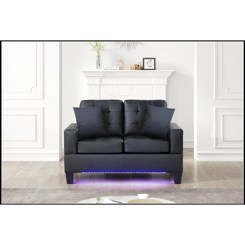Causeuse en tissu PVC noir l 55,5 po Gemma avec lumières DEL, chargeur USB, coussins capitonnés