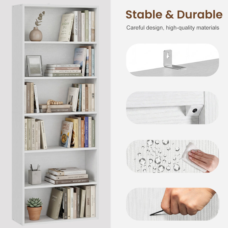 63'' H Rectangular Freestanding Adjustable and Anti-tip 6-Tier Bookcase, (6 Shelves) 63"H x 23.8"W x 9.2"D, White