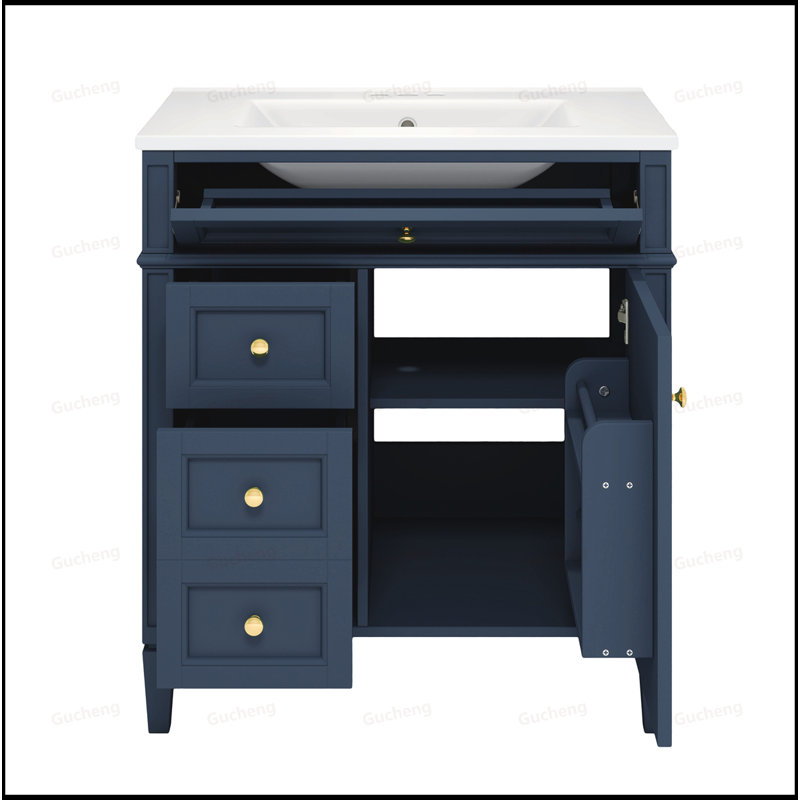 Meuble-lavabo à poignée dorée 30 po avec tiroir basculant et lavabo, Bleu marine/doré