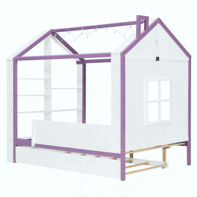 Structure de lit House avec lit gigogne escamotable, tablettes de rangement à queue et lumières DEL blanc froid