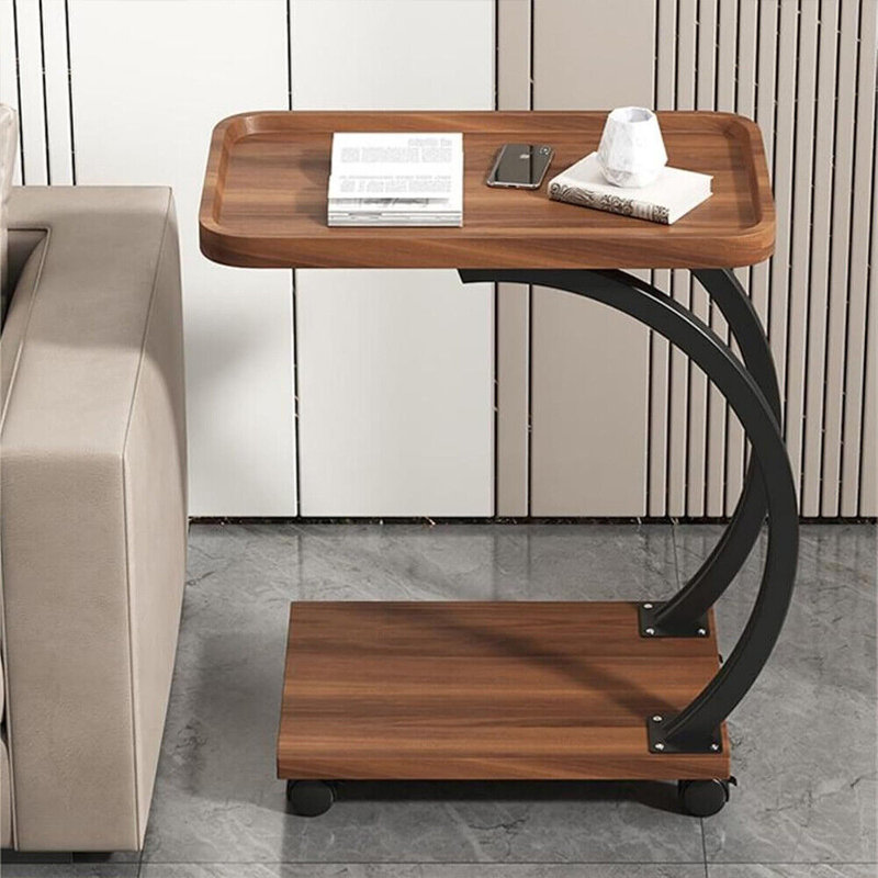 Table basse moderne en forme de C avec table d'appoint et table basse avec roulettes, Bois brun