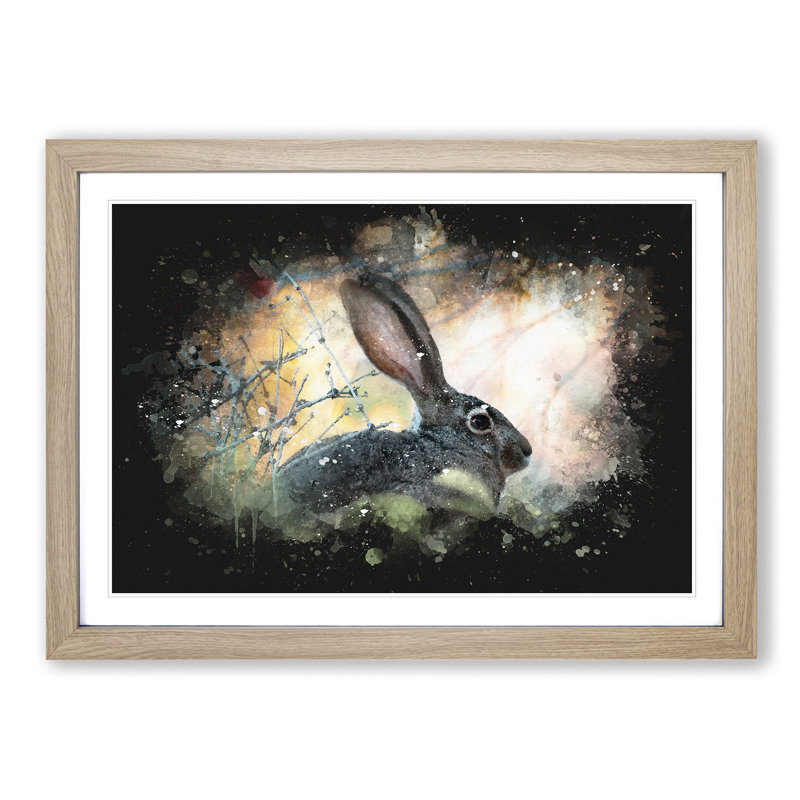 Hare in the Bushes - Picture Frame Graphic Art Print, 62cm H x 87cm W x 2cm D, Oak Framed