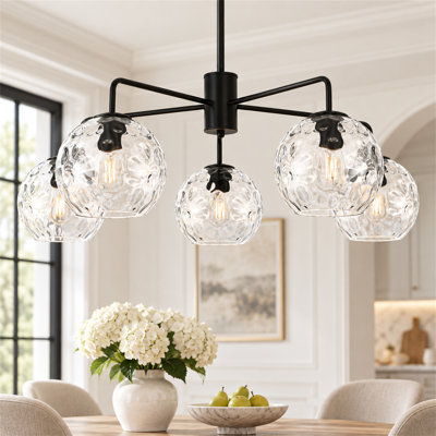 5-Light Chandelier, 35.5" Clear Hammered Globe Glass Pendant Light with Adjustable Downrod