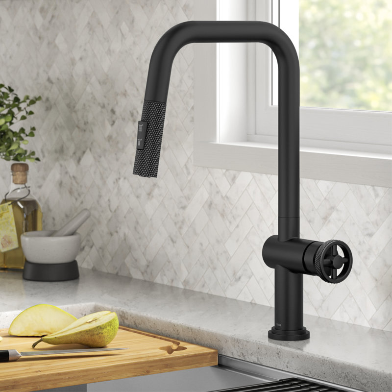 Urbix Industrial Pull-Down Single Handle Kitchen Faucet, Matte Black