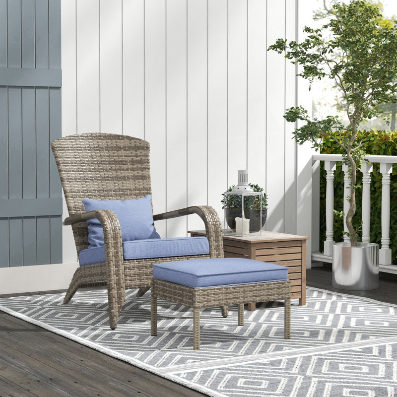 Patio Wicker Adirondack Chair With Ottoman, Light Blue Cushion/Gray Frame